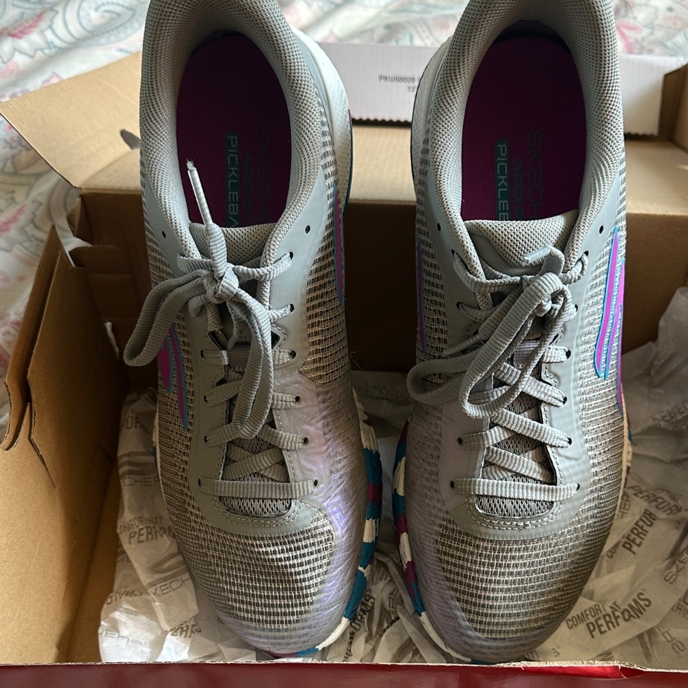 Skechers Gray Pickleball Shoes with Purple Accents